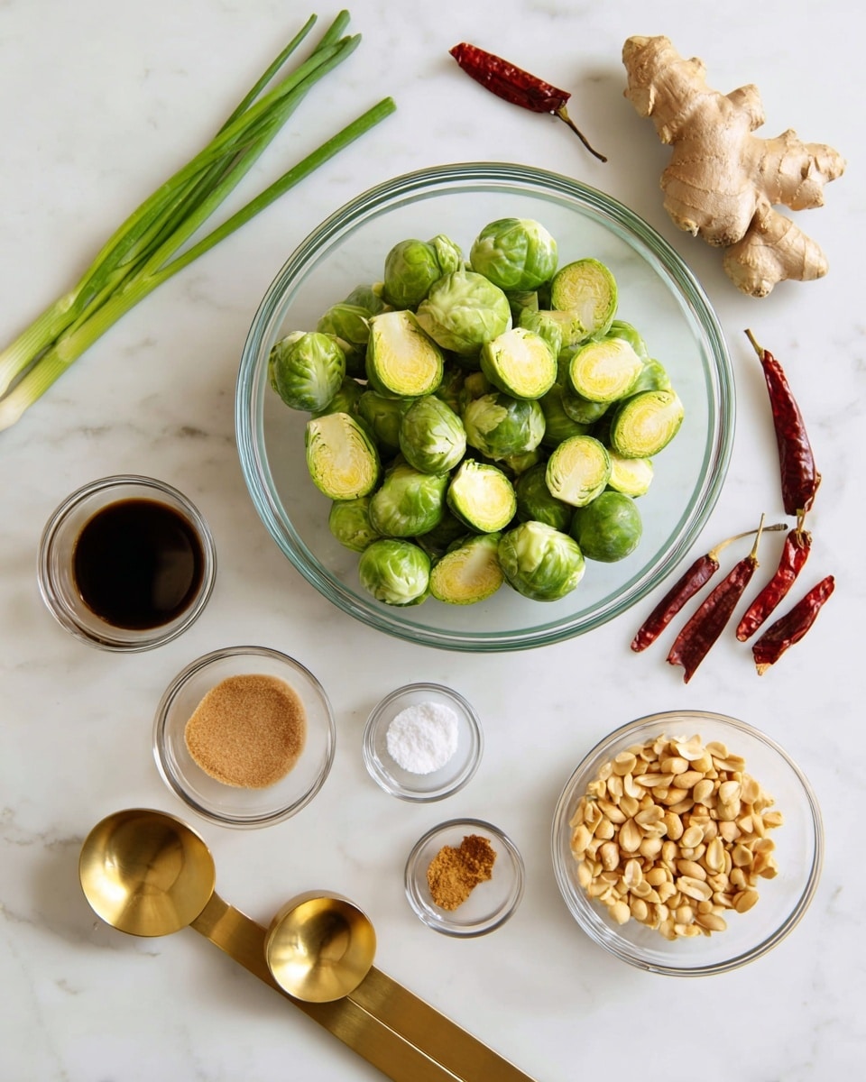 A clear glass bowl filled with halved Brussels sprouts sits in the center on a white marbled surface. Around the bowl, there are small clear bowls holding light brown sugar, crushed garlic, olive oil, and roasted peanuts. On the left side, there are green onion stalks and three gold measuring spoons containing dark soy sauce, salt, and a small amount of reddish-brown liquid. At the top, a piece of fresh ginger and three dried red chili peppers are placed. The arrangement is neat and bright with a fresh and natural look. photo taken with an iphone --ar 4:5 --v 7