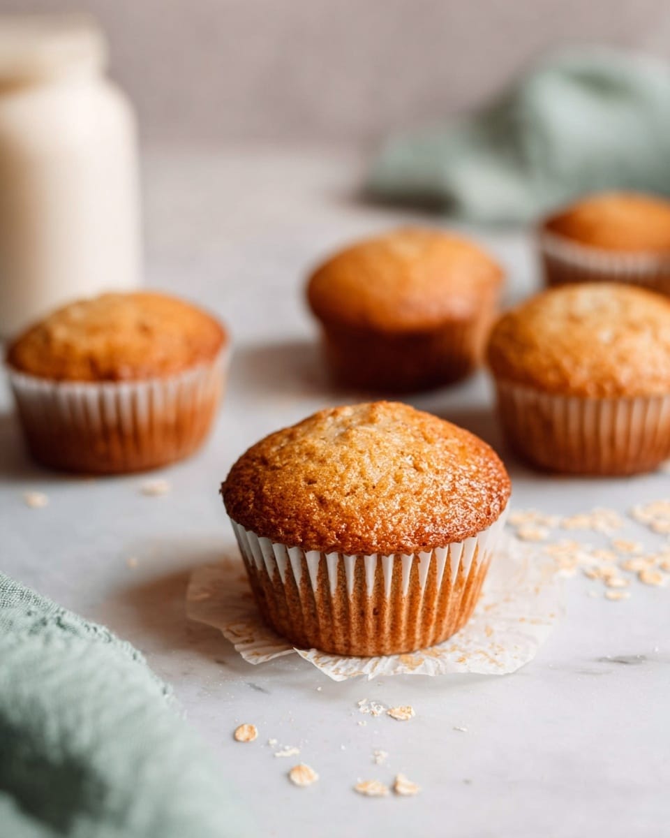 The image shows five golden brown muffins with a slightly rough top texture, placed on a white marbled surface. The muffin in the front has its white paper wrapper peeled down and spread around its base, adding a layered look with the light brown muffin inside. Behind it, four more muffins are scattered with smooth, round tops in soft focus, giving a sense of depth. There are small crumbs and oat flakes sprinkled lightly around the muffins. To the left side of the image, there is a white jar that is out of focus and a soft green textured cloth lying casually near the muffins. Photo taken with an iphone --ar 4:5 --v 7