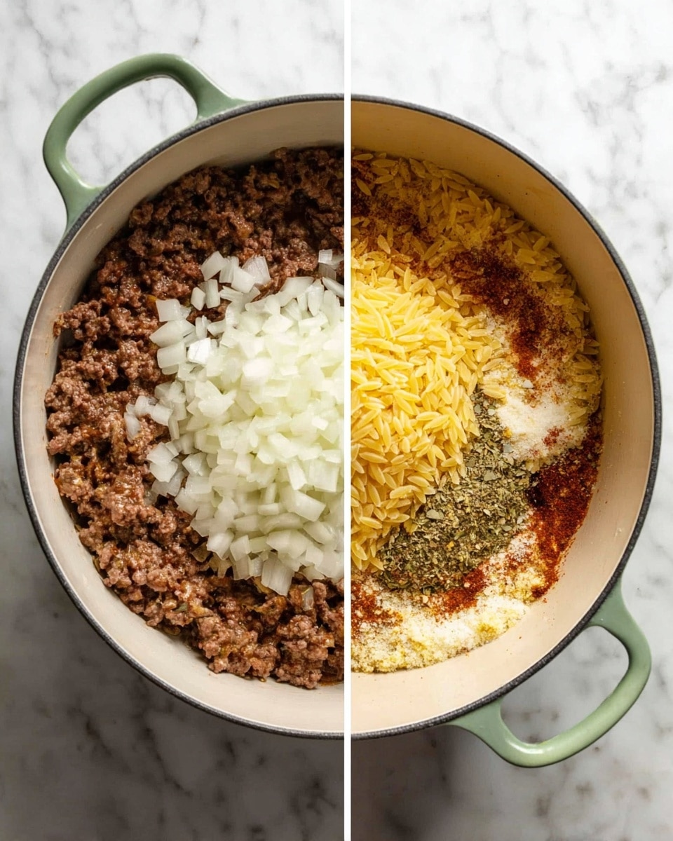The image shows a side-by-side view of a white pot on a white marbled surface. In the left image, the pot contains cooked ground meat colored brown with a large pile of chopped white onions placed on top in the center. In the right image, the same pot shows the ground meat and cooked onions with added layers on top: a pile of uncooked yellow orzo pasta in the center, some reddish spices sprinkled around it, and a small heap of crushed herbs and garlic on the right side of the orzo. The pot has a green handle on the right side. Photo taken with an iphone --ar 4:5 --v 7