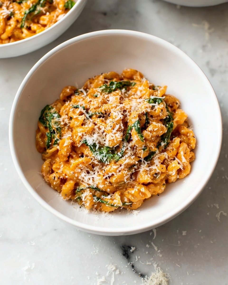 A white bowl filled with a creamy orange pasta dish with small, short pasta pieces mixed with green leafy vegetables and a sprinkle of grated cheese on top. The pasta has a thick, rich texture and is evenly coated with the sauce, sitting on a white marbled surface with some cheese scattered around the bowl. In the background, part of another white bowl with the same dish can be seen. photo taken with an iphone --ar 4:5 --v 7