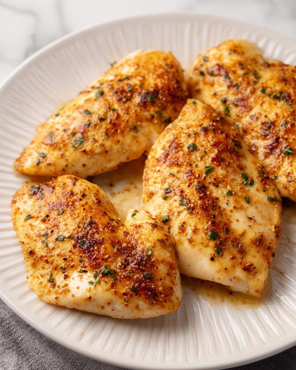 The image shows four pieces of cooked chicken on a white plate with a ridged edge, placed on a white marbled surface. Each chicken piece has a light golden-brown color with visible darker brown seasoning and small green herb bits sprinkled on top, giving a slightly textured look. The chicken pieces are arranged closely together, covering most of the plate's center, with a slightly shiny and moist appearance. Photo taken with an iphone --ar 4:5 --v 7