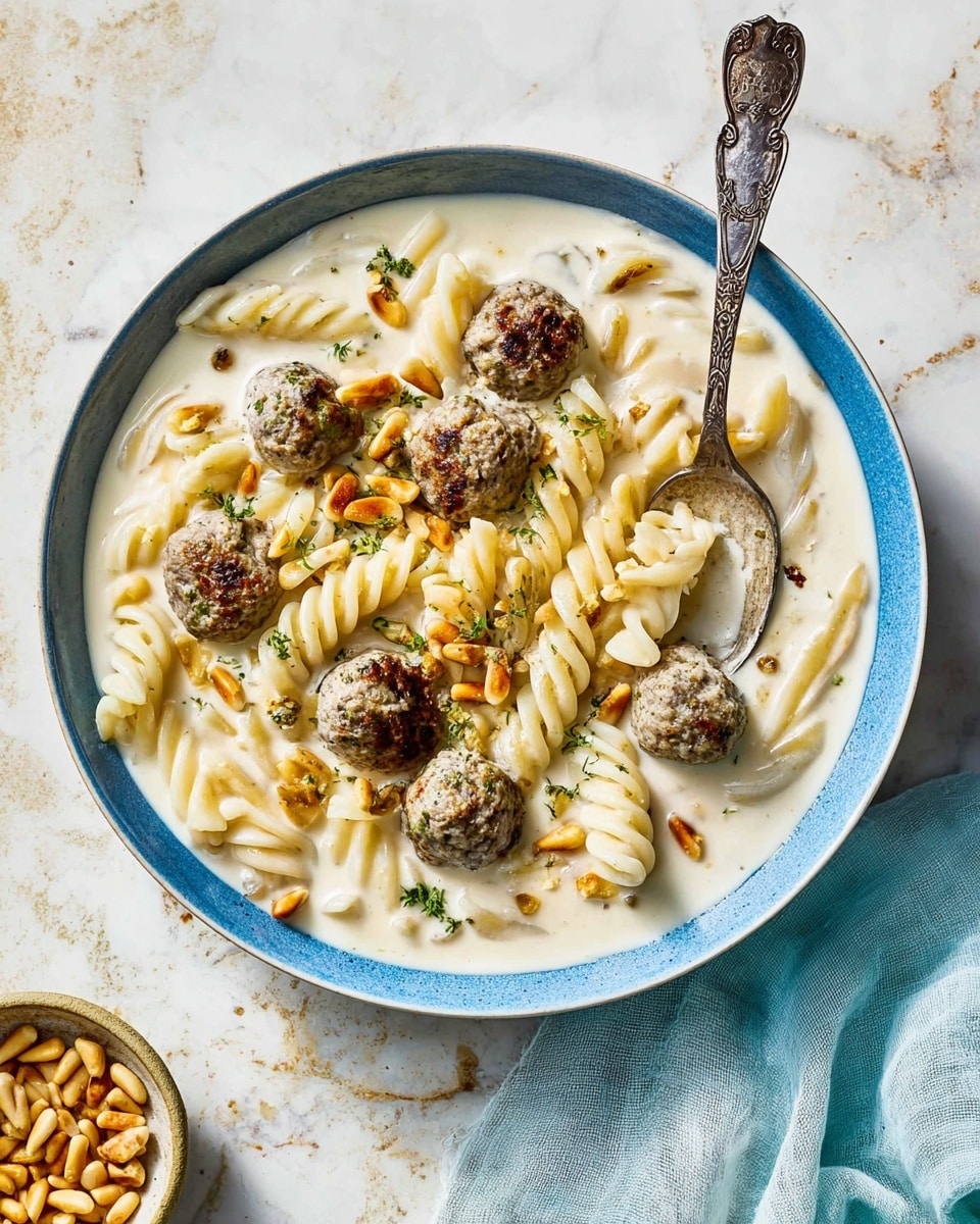 A white bowl filled with creamy white sauce as the base layer, holding several light beige spiral pasta pieces that are thick and soft. On top of the pasta are multiple small, round, slightly textured gray meatballs, scattered evenly. The dish is garnished with scattered golden-brown pine nuts and small green dried herbs. A silver ornate spoon is placed inside the bowl on the right side, partially submerged in the sauce. The bowl sits on a white marbled surface with a pale blue cloth napkin nearby, and a small bowl with more pine nuts is visible at the bottom left corner. Photo taken with an iphone --ar 4:5 --v 7
