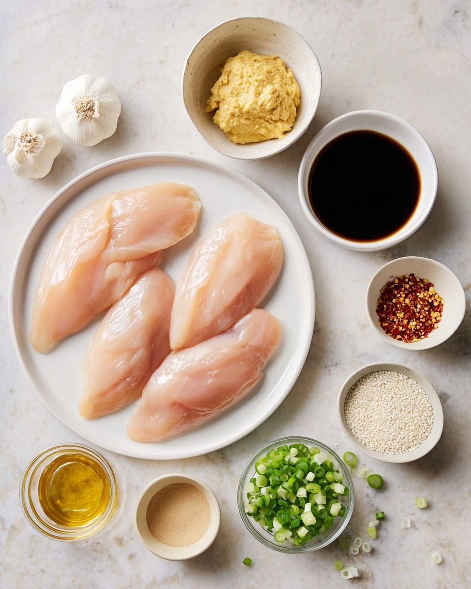 The image shows four raw light pink chicken fillets arranged on a large white round plate placed on a white marbled surface. Around the plate, there are several small bowls with different ingredients: a white bowl with a smooth yellowish paste at the top, a white bowl filled with dark soy sauce to the right, a small white round dish with white sesame seeds below the soy sauce, and another small deep bowl with light brown sugar on the top right. There is also a small bowl with finely chopped white onion, a small bowl with crushed red chili flakes, a small bowl with a light beige paste, a small glass container with amber-colored oil, and a small plate with chopped green onions at the bottom. Two peeled garlic cloves sit near the top left of the plate. The overall layout is clean and organized. photo taken with an iphone --ar 4:5 --v 7