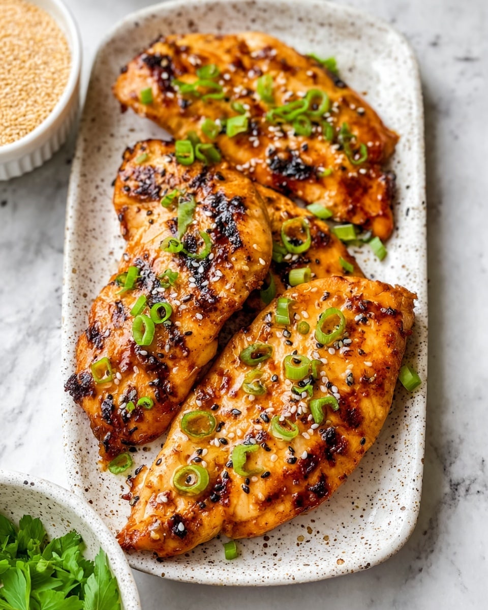 Three grilled chicken fillets with a golden brown color and slight char marks lay on a white speckled rectangular plate. The chicken is coated with a shiny glaze and sprinkled with small black and white sesame seeds. Bright green slices of green onion are scattered evenly on top of the chicken. The plate sits on a surface with a white marbled texture, and there are two small white bowls in the background, one filled with a grainy light brown powder and the other with leafy green herbs. photo taken with an iphone --ar 4:5 --v 7