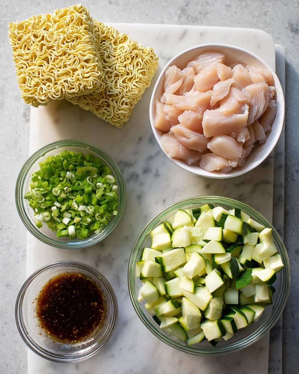 A top view shows six food items arranged on a white marbled surface: two blocks of yellow instant noodles stacked on the right, a white bowl filled with pale pink raw sliced chicken pieces at the top right, a clear glass bowl at the bottom filled with chopped green zucchini with white flesh, a smaller clear glass bowl at the left containing green chopped spring onions, and a small clear glass bowl with a dark brown garlic sauce at the top left. The items are evenly spaced, showing their textures clearly. Photo taken with an iphone --ar 4:5 --v 7