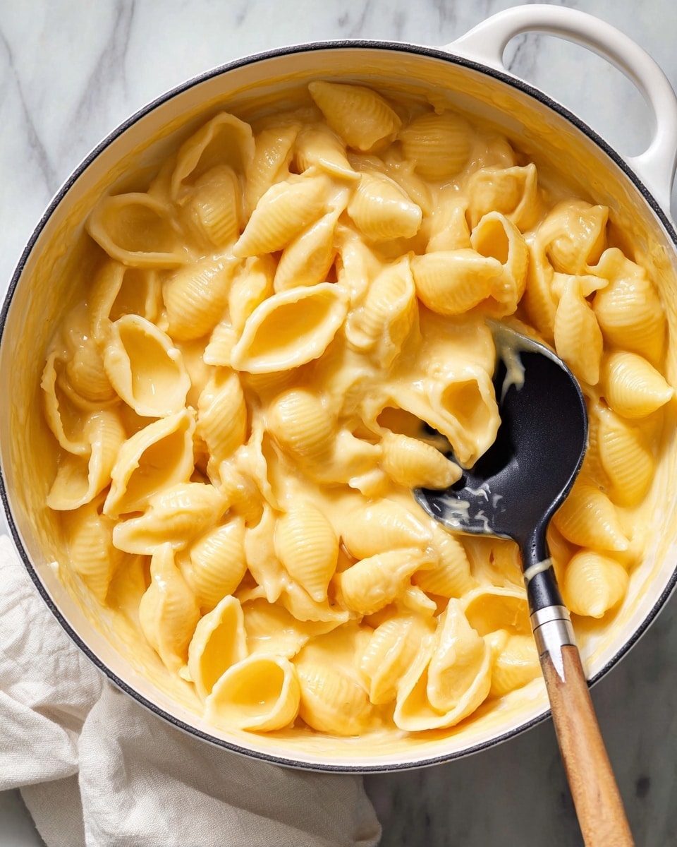 A white bowl filled with shell pasta covered in a creamy, smooth yellow cheese sauce. The pasta shells are well coated with the glossy cheese, giving a shiny texture. The shells are stacked closely, some showing their hollow centers while others face different directions, creating a layered look. The bowl sits on a white marbled surface with a soft white cloth partially visible in the background. Photo taken with an iphone --ar 4:5 --v 7