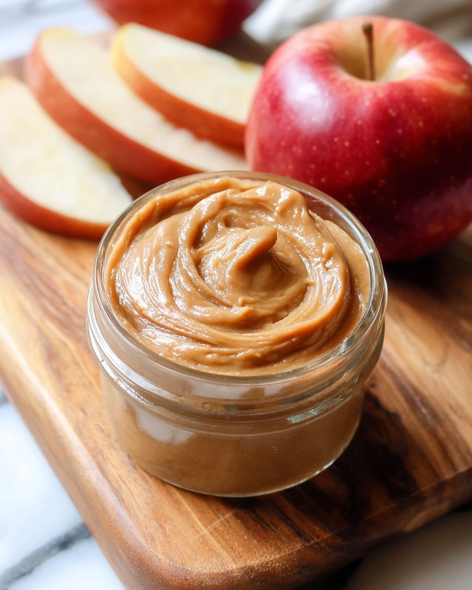 A small, clear glass jar is filled with a smooth, thick light brown spread that has a glossy texture and soft swirls on top. The jar is placed on a wooden board with visible grain patterns. In the background, there are red apple slices and a whole red apple, all set against a white marbled texture. The photo taken with an iphone --ar 4:5 --v 7