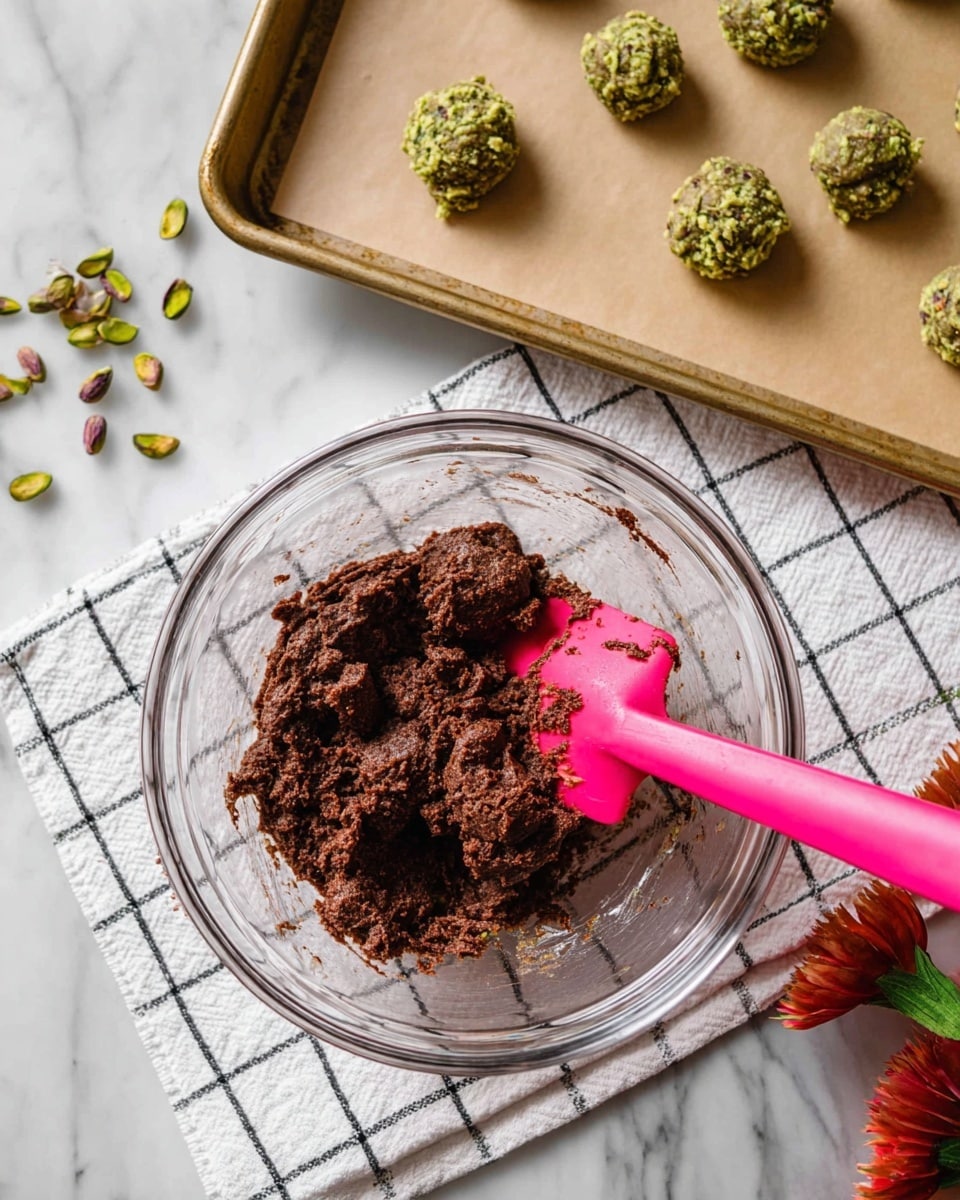 A clear glass bowl sits on a white and black checkered cloth over a white marbled surface, filled with dark brown chocolate dough that is thick and slightly rough in texture, with a bright pink spatula resting partially buried in the dough on the right side. Above it, a rectangular baking tray lined with beige parchment paper shows small, round dollops of greenish dough spaced evenly, with a slightly rough texture suggesting nuts or seeds inside. Some green pistachio nuts are scattered on the white marbled surface near the bottom left, and a few red flowers and green buds peek from the top right corner. photo taken with an iphone --ar 4:5 --v 7
