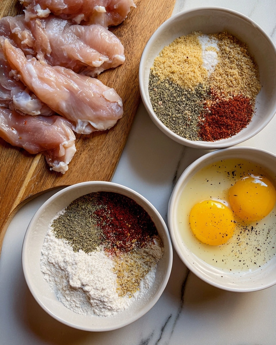 The image shows raw chicken strips placed on a wooden cutting board on the left side. To the right, there are three white bowls on a white marbled surface. The top white bowl contains a mix of panko breadcrumbs and spices arranged in small sections with colors including light tan, reddish brown, green herb flakes, and pale yellow powder. The bottom-left white bowl holds a mixture of white flour and various spices with similar colors like red, black, and green. The bottom-right white bowl has two raw eggs with bright yellow yolks surrounded by egg whites, with salt and black pepper sprinkled around them. Photo taken with an iphone --ar 4:5 --v 7