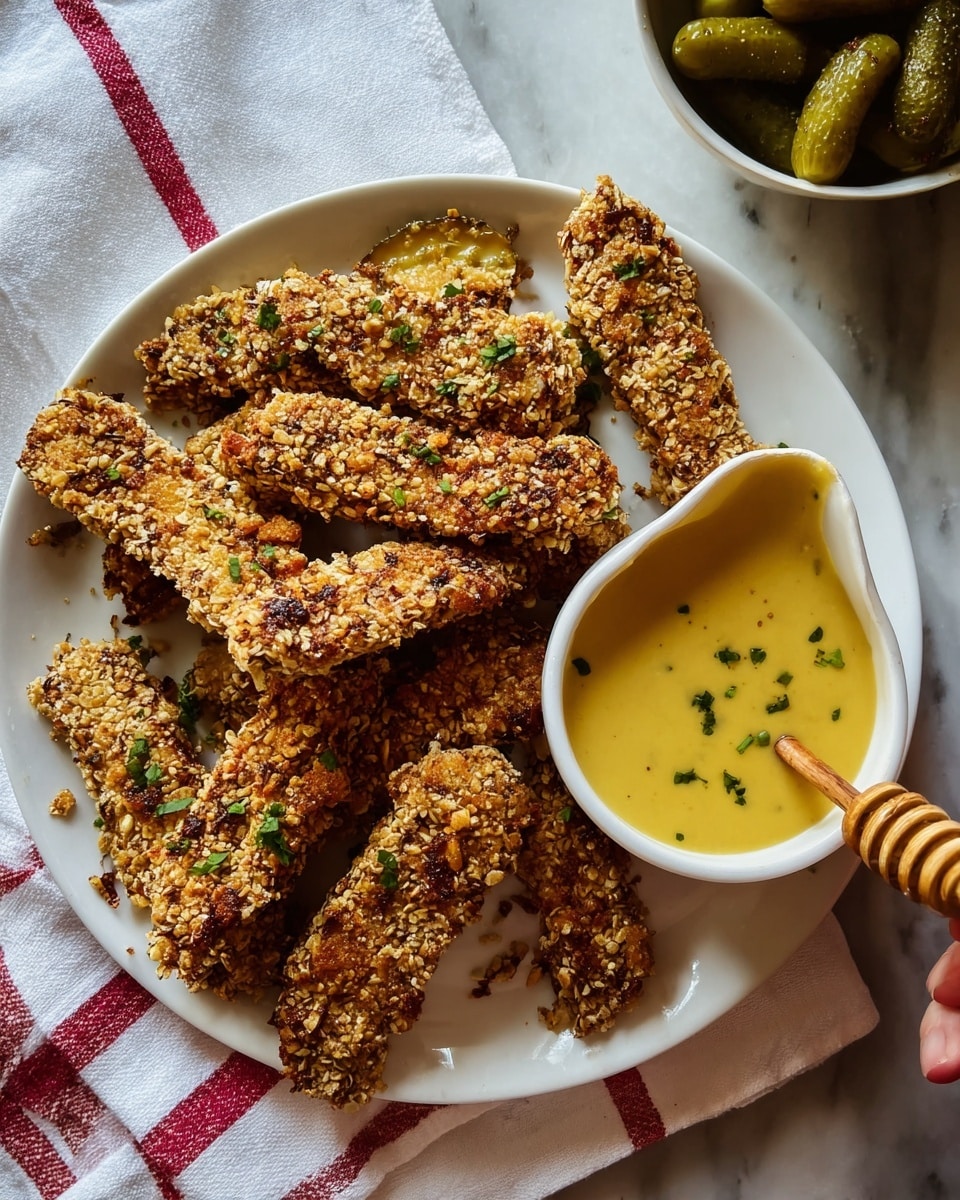 A white plate holds about nine crispy oat-coated strips stacked and spread out, showing their rough, golden-brown textured coating with small green herb pieces scattered on top. To the right side of the plate, a small white bowl with a pour spout contains smooth yellow mustard-like sauce with a few green herb leaves floating on the surface. The plate sits on a white cloth with red stripes and a woman’s hand is holding a honey dipper resting beside the bowl. In the background, there is a round white bowl filled with green pickles placed on a white marbled surface. photo taken with an iphone --ar 4:5 --v 7