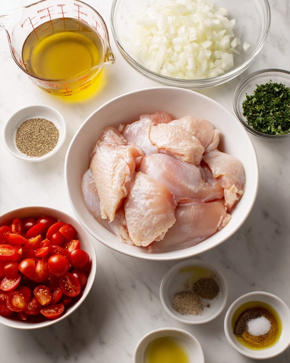 The image shows raw chicken pieces placed in a white bowl as the central focus. Around the bowl, there are various ingredients: a glass measuring cup with a light yellow liquid on the left, a glass bowl with chopped white onions near the top, and a small white bowl with chopped green herbs to the right. In the bottom left, there's a white bowl filled with sliced red cherry tomatoes, while in the bottom right, there are three small ramekins containing minced garlic, olive oil, and a mix of dried spices with salt. All items are on a white marbled surface. Photo taken with an iphone --ar 4:5 --v 7