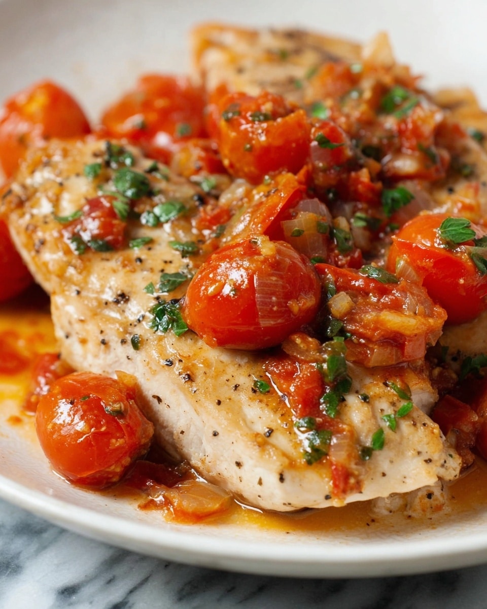 The dish shows a close-up of two thick pieces of cooked chicken placed on a white plate. The chicken is light golden with some herbs and black pepper sprinkled on top. On the chicken there is a layer of cooked cherry tomatoes, some whole and some soft and squished, mixed with small pieces of cooked onions and chopped green herbs. The sauce from the tomatoes covers parts of the chicken, adding a shiny red layer. The background is a white marbled surface. photo taken with an iphone --ar 4:5 --v 7