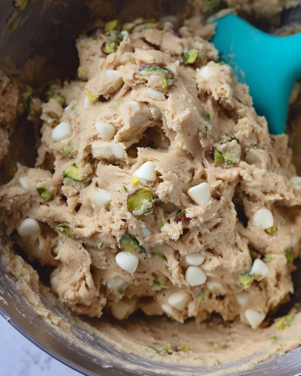 A close-up view of thick, light brown dough mixed with white chocolate chips and green pistachio pieces, showing a rough and chunky texture with bits sticking out. The dough looks soft and sticky, held in a bowl, while a turquoise spatula can be seen slightly immersed from the top left. The background and bowl are not clearly visible but feature a white marbled surface. Photo taken with an iphone --ar 4:5 --v 7