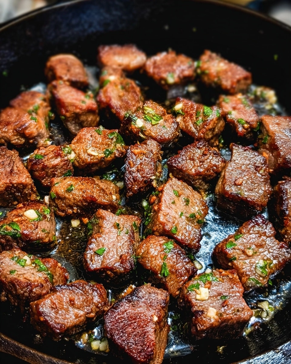 The image shows many small, thick pieces of cooked meat in a dark cast iron pan. The meat pieces are browned with crisp edges and have a slightly oily surface, showing a light shine. Each piece is sprinkled with small bits of green herbs and minced garlic, adding texture and color contrast against the brown meat. The pan looks well-used with slight discoloration from cooking inside. The photo taken with an iphone --ar 4:5 --v 7