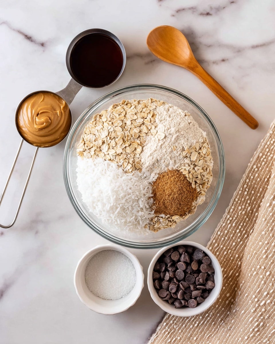 A clear bowl is filled with four different layers of dry ingredients arranged side by side: white shredded coconut on top, light beige flour on the right, light brown rolled oats on the left, and two small brown dollops of soft sugar near the center, slightly overlapping the oats and flour. Surrounding the bowl are four small white ramekins and one metal measuring cup: top left contains dark brown liquid, just below it is the metal cup filled with creamy tan peanut butter, next to it on the right is a white ramekin with white solid fat, and bottom right is a white ramekin full of small dark brown chocolate chips. A wooden spoon with a light natural finish lies on the upper right side on a white marbled surface, and on the bottom left edge there is a beige fabric with white dotted lines. Photo taken with an iphone --ar 4:5 --v 7