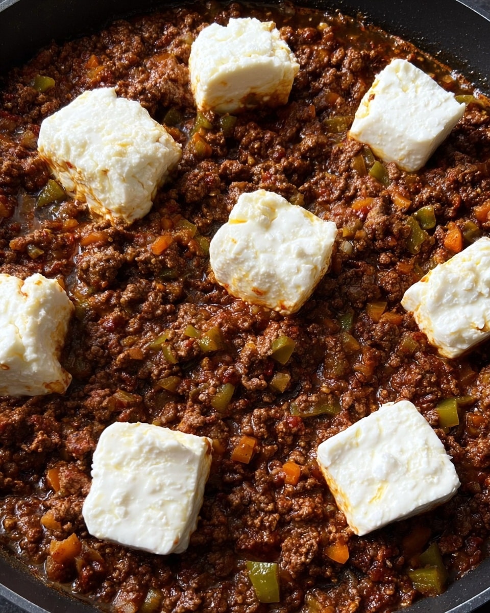 The image shows a close-up of cooked ground meat mixed with small pieces of green and orange vegetables, all coated in a rich brown sauce with a slightly oily texture. On top of this meat layer, there are eight uneven chunks of white soft cheese scattered evenly. The dish is in a pan with a dark background, and the overall look is moist and hearty. Photo taken with an iphone --ar 4:5 --v 7