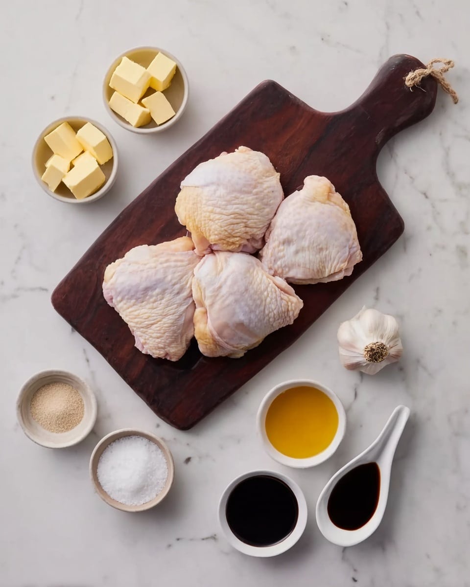 The image shows three raw chicken thighs with skin on, placed closely together on a dark wooden cutting board with a handle on a white marbled surface. Around the cutting board, there are small white bowls and spoons holding different ingredients: one bowl contains small cubes of yellow butter, two garlic cloves and one whole garlic bulb sit nearby, one bowl has a fine beige powder, another has salt, and three white ceramic spoons hold a dark thick sauce, a dark soy-like sauce, and a golden yellow liquid. Everything is arranged neatly, with a clean and bright setting. photo taken with an iphone --ar 4:5 --v 7