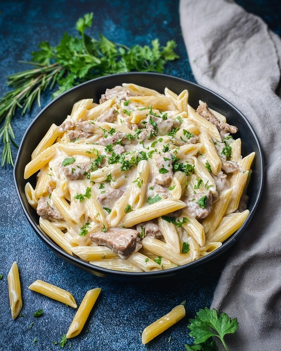 A black bowl filled with creamy pasta showing three layers: the bottom layer is light yellow penne pasta, the middle layer has light brown slices of meat mixed in, and the top layer is a thick creamy white sauce with green parsley sprinkled all over for color. The bowl sits on a blue textured surface with scattered pasta pieces and some fresh green herbs around. The photo taken with an iphone --ar 4:5 --v 7