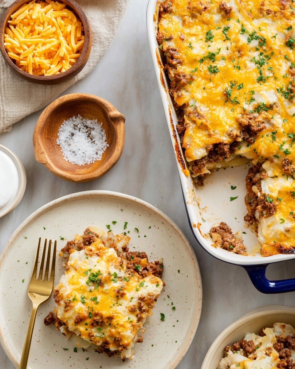 A slice of casserole on a white plate shows three layers: the bottom is soft and pale, likely potato slices, the middle layer is crumbled brown cooked meat, and the top is melted cheese in yellow and white with some green herbs sprinkled over. The casserole in a white baking dish with blue handles also has the same layered look with melted cheese on top. Nearby are two small wooden bowls, one with shredded white cheese and another with shredded yellow cheese, plus a white saucer holding salt and pepper. The scene is set on a white marbled surface with a gold fork placed on the plate. Photo taken with an iphone --ar 4:5 --v 7