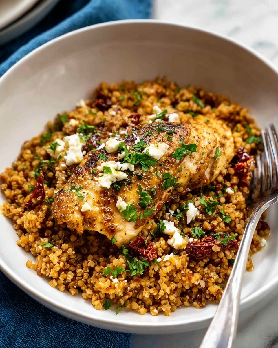 The dish shows one main layer of cooked bulgur wheat mixed with small pieces of sun-dried tomatoes and green herbs, giving it a textured and slightly chunky look with warm golden and reddish-brown colors. On top of this, there is a piece of golden-brown grilled chicken meat, seasoned with herbs and sprinkled with small bits of white cheese and chopped fresh green parsley. The dish is served in a white bowl with a shiny silver fork placed on the right side. The bowl rests on a white marbled surface with a blue cloth beneath it. photo taken with an iphone --ar 4:5 --v 7