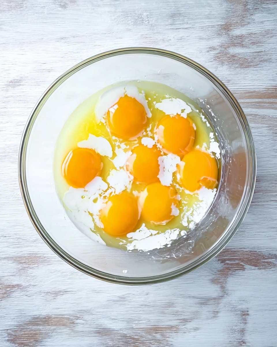 A clear glass bowl sits on a white marbled surface, holding seven uncooked eggs with bright yellow yolks spread evenly across the bowl. Around and between the yolks is a ring of white, creamy liquid, possibly cream or milk, resting on top of the egg whites which are transparent and slightly runny. The bowl is viewed from above, showing reflections on the glass rim and the vibrant colors of the egg yolks contrasted with the white liquid and the clear egg whites beneath. photo taken with an iphone --ar 4:5 --v 7