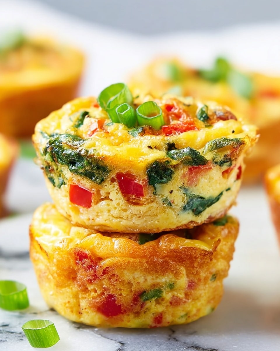 The image shows two egg muffins stacked on top of each other on a white surface with a white marbled texture. Each muffin has two main layers: the bottom layer is a golden brown cooked egg base with red and green vegetable pieces mixed in, while the top layer is a vibrant, fluffy yellow egg mixture with visible chunks of red bell pepper, green spinach, and bits of melted cheese. The top muffin is garnished with small rings of fresh green onion, adding bright green color and texture. The background is softly blurred with hints of more muffins visible. Photo taken with an iphone --ar 4:5 --v 7