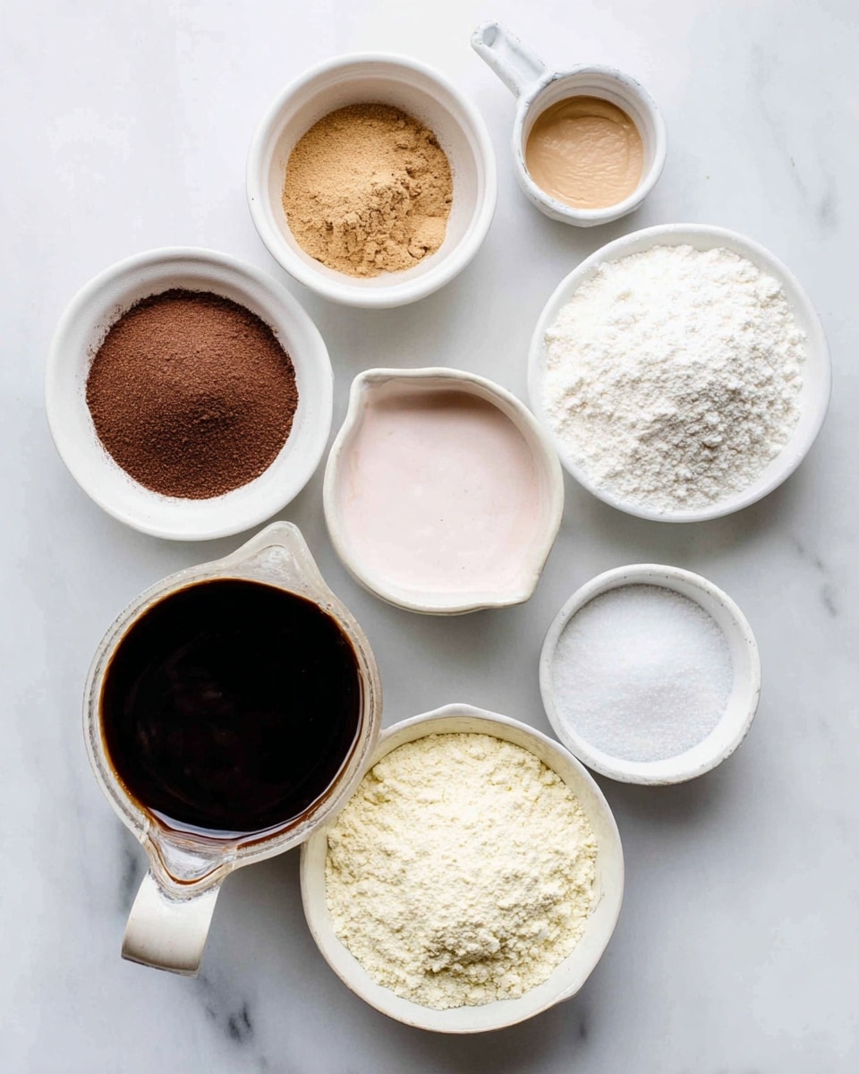The image shows eight small white bowls and measuring cups arranged on a white marbled surface, each filled with different baking ingredients. Starting from the top and moving clockwise, there is a bowl with light brown powdered spice, a bowl with pale pink creamy yogurt, a white measuring cup filled with very dark brown liquid molasses, a small white bowl with white powder, another tiny bowl with a white powdery ingredient, a larger bowl filled with pale yellow ground almond flour, a white measuring cup full of fine light beige flour, and finally a small bowl of white powdered sugar. The bowls and cups vary in size and shape but have a clean, minimal look. photo taken with an iphone --ar 4:5 --v 7