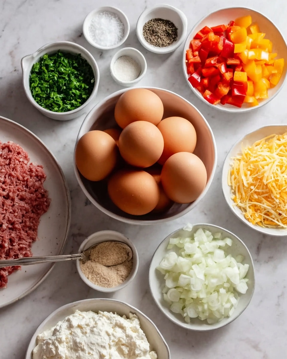 The image shows eight brown eggs stacked in a white bowl at the center, surrounded by various small white bowls and plates. Starting from the top going clockwise, there is a small white bowl filled with finely chopped green herbs, a white dish with a mix of salt and pepper, another filled with diced orange-red bell peppers, a white plate with raw ground meat, a small white bowl of shredded yellow cheese, a white bowl of cottage cheese with a spoon, a small white bowl with a light brown powder, and finally a white bowl packed with chopped white onions. All bowls and plates sit on a white marbled surface. photo taken with an iphone --ar 4:5 --v 7