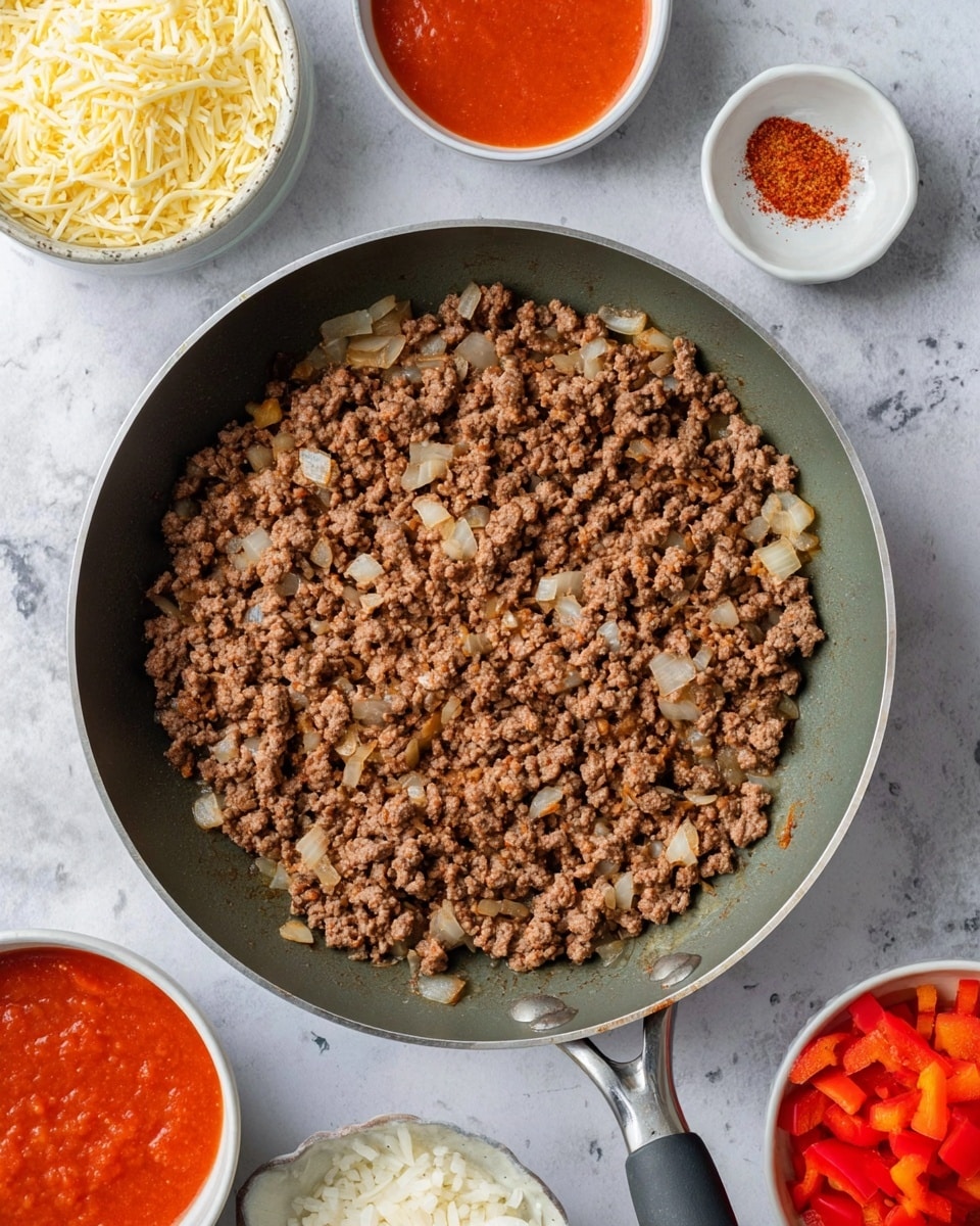 A large frying pan filled with cooked browned ground meat mixed with small pieces of translucent cooked onion, sitting on a white marbled surface; around the pan are white bowls containing bright red tomato sauce, shredded pale yellow cheese, uncooked long grain white rice, and chopped red bell peppers, plus a small round white bowl with a red powdered spice. photo taken with an iphone --ar 4:5 --v 7