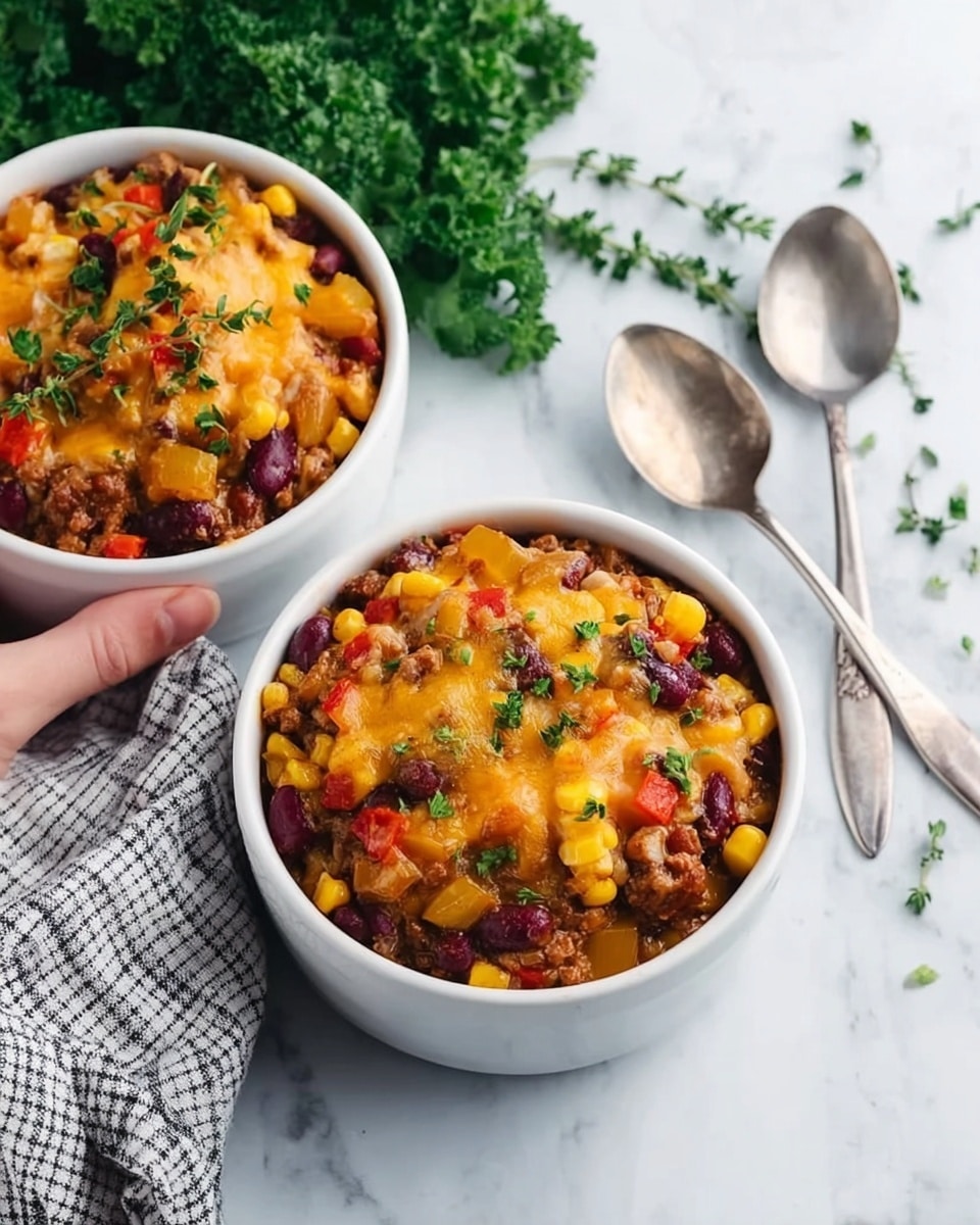 The image shows two white bowls filled with a colorful dish layered with ingredients. The bottom layer appears to contain beans and diced vegetables in a brownish sauce. The middle layer has bright yellow corn mixed with red kidney beans and chopped red peppers. The top layer is melted orange cheese sprinkled with green herbs. The bowls sit on a white marbled surface, with a bunch of green leafy herbs in the background. Two shiny metal spoons lie nearby on the surface alongside a gray and white checkered cloth. A woman's hand is gently touching one of the bowls. Photo taken with an iphone --ar 4:5 --v 7