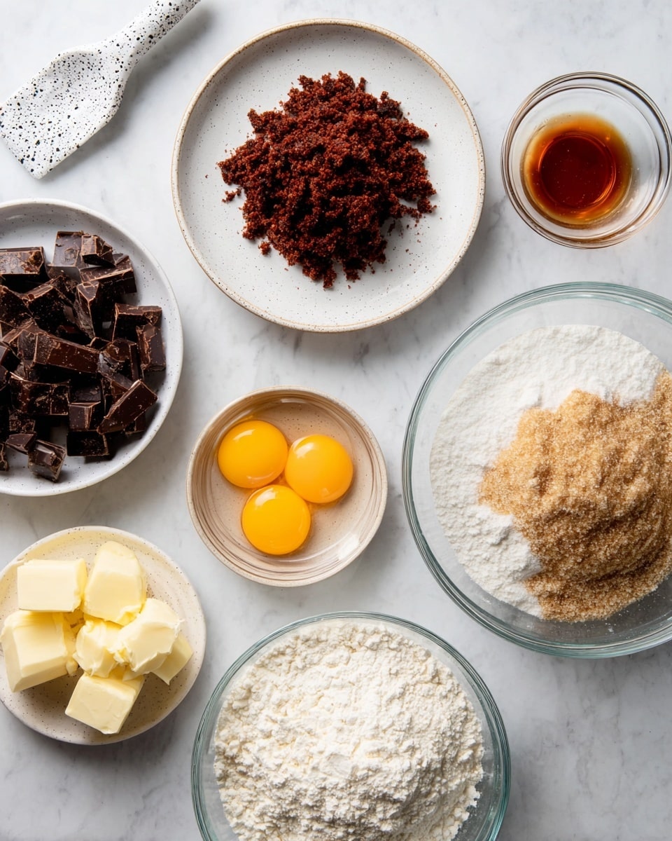 The image shows multiple clear and white plates and bowls with ingredients arranged neatly on a white marbled surface. In the top center is a white plate with small, dark reddish-brown crumbly flakes. Below it, a white plate holds chunks of dark brown chocolate. To the right, a clear bowl contains a mix of light brown and white granulated sugar. Below that, another clear bowl is filled with white flour. At the bottom left, a white plate holds a few pieces of light yellow butter. To the left of the butter, a small clear bowl holds two raw eggs with bright yellow yolks and clear whites. Above the eggs, a tiny clear bowl contains a dark amber liquid. A white speckled spatula rests in the top left corner. Photo taken with an iphone --ar 4:5 --v 7