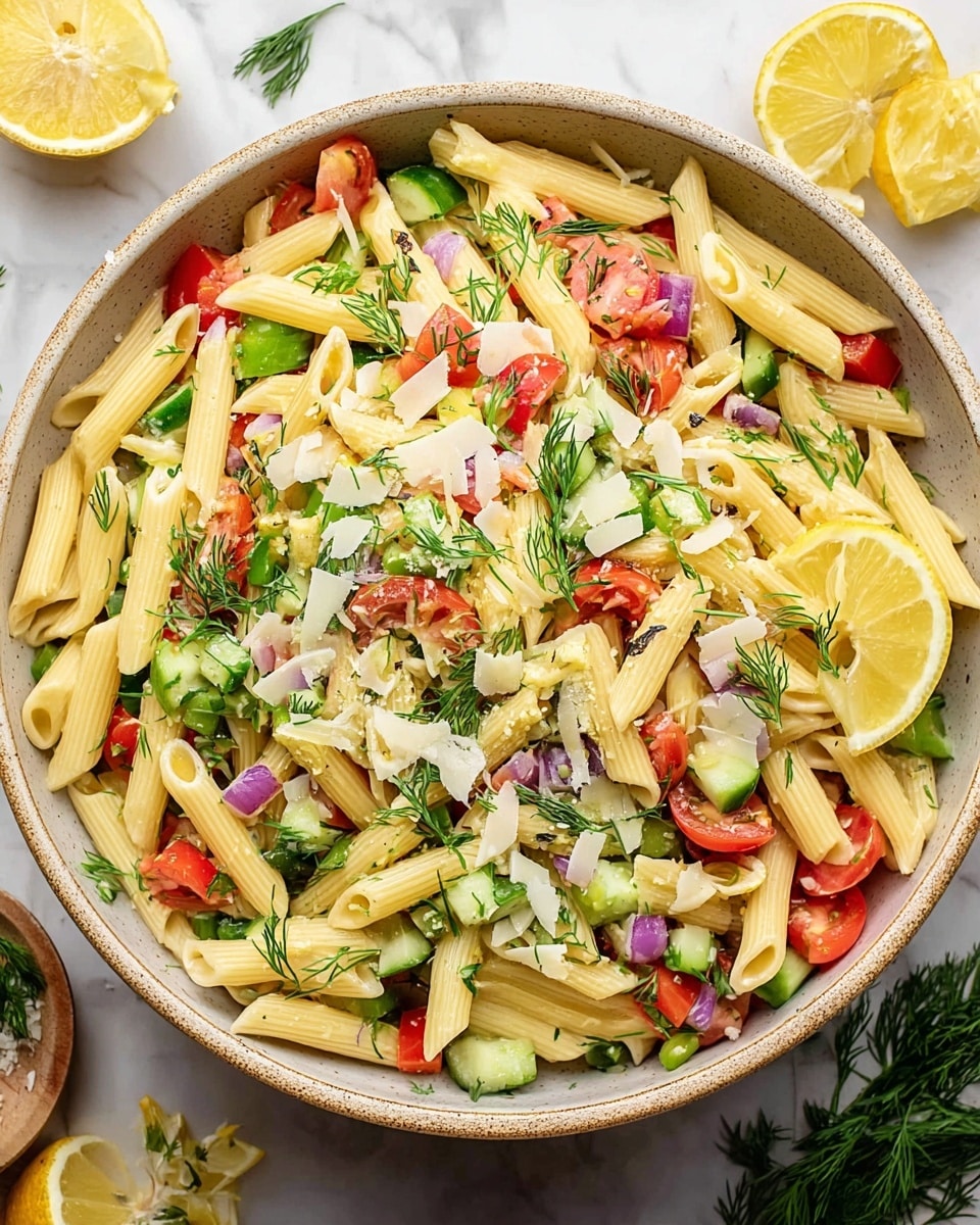 A large beige round bowl filled with three main layers: the bottom layer is light yellow penne pasta, the middle layer is colorful diced vegetables including green bell peppers, red tomatoes, cucumbers, and small pieces of purple onion, and the top layer is garnished with fresh green dill sprigs and thin white cheese shavings scattered all over. On one side of the bowl, there are three lemon wedges placed on top of the pasta and vegetables. The bowl sits on a white marbled surface with some lemon halves and small green herbs visible around it. photo taken with an iphone --ar 4:5 --v 7