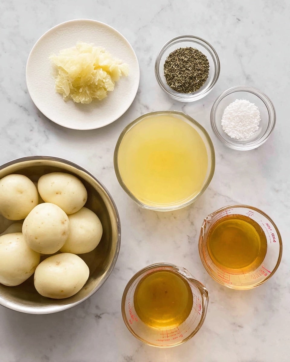 The image shows several ingredients arranged neatly on a white marbled surface. In the bottom left, there is a silver bowl filled with five peeled round white potatoes. Above it, on a white plate, there is a small amount of grated pale yellow ginger. In the center, there is a glass bowl with a light yellow liquid. To its top right, two small clear bowls hold dried green herbs and white salt. On the right side, two glass measuring cups contain golden yellow oil and light brown broth. The overall setup is bright and clean, highlighting each ingredient clearly. photo taken with an iphone --ar 4:5 --v 7