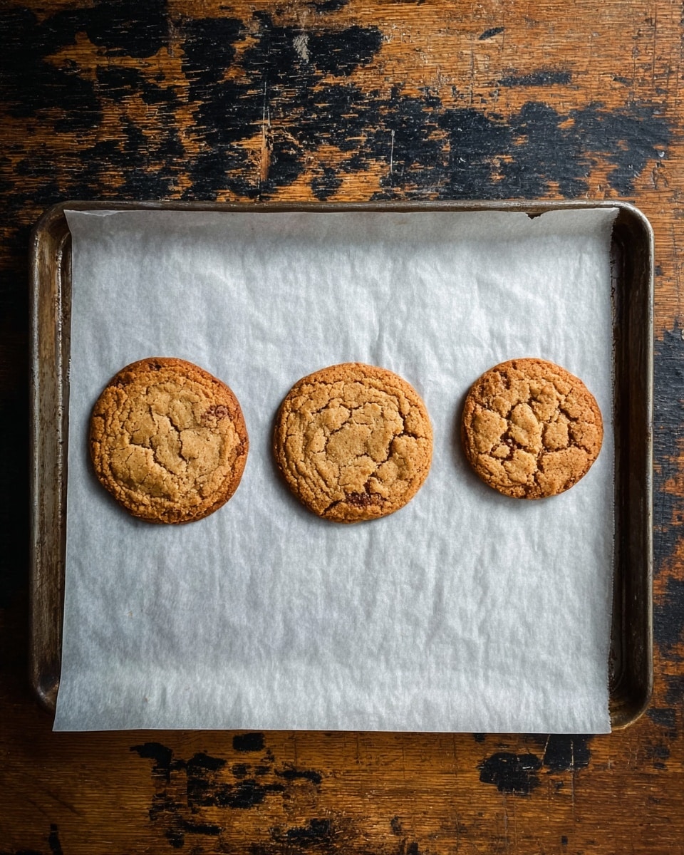 Three cookies of different sizes lie flat on one sheet of parchment paper on a metal baking tray. The cookies are a golden brown with a textured surface, showing small cracks and darker spots around the edges. The cookie on the left is the largest, the middle one is medium-sized, and the right one is the smallest, all spaced evenly in a row. The baking tray sits on a worn wooden surface with dark patches, adding a rustic feel to the scene. Photo taken with an iphone --ar 4:5 --v 7