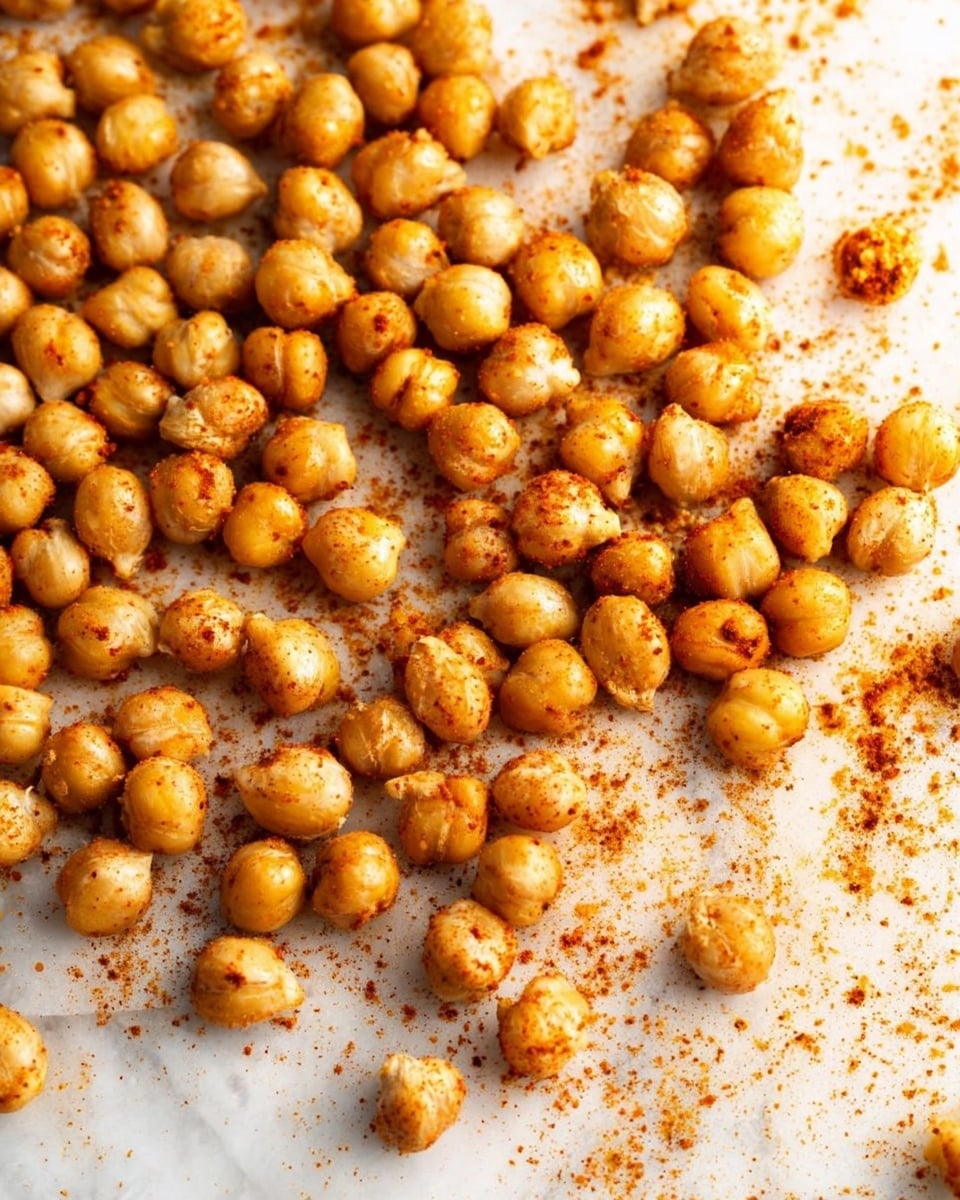 The image shows a close-up of many roasted chickpeas spread unevenly over a white marbled surface. The chickpeas are round, golden to light brown in color with some darker spices sprinkled on top, adding a reddish tone. The surface beneath them is slightly textured and has scattered spice dust around the chickpeas, giving a sense of seasoning and flavor. The overall look is warm and crispy, with no other objects in the frame. Photo taken with an iphone --ar 4:5 --v 7