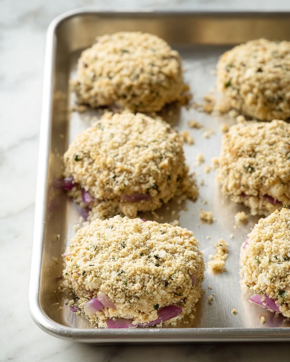 The image shows six round patties on a silver baking tray, each patty topped with a light crumbly layer. The patties have a coarse texture with small pieces of purple onion visible inside, mixed with a light beige base, and some green herb flecks scattered throughout. The crumbly topping appears slightly off-white and unevenly spread. The tray is placed on a white marbled surface with soft, natural light highlighting the details of the patties and the tray edges. photo taken with an iphone --ar 4:5 --v 7