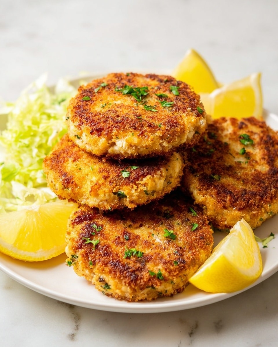 The image shows a white plate with five golden brown fish cakes stacked closely together, each cake with a crispy, slightly rough texture and specks of herbs on top. The fish cakes have uneven, crunchy edges and a warm, inviting color from light to deep golden brown. Around the cakes, there are lemon wedges with a bright yellow peel and pale juicy interior placed at the top and bottom of the plate. To the left side, there is a small pile of shredded pale green lettuce mixed with chopped green herbs. The plate rests on a white marbled surface, clean and bright, adding contrast to the rich colors of the food. photo taken with an iphone --ar 4:5 --v 7