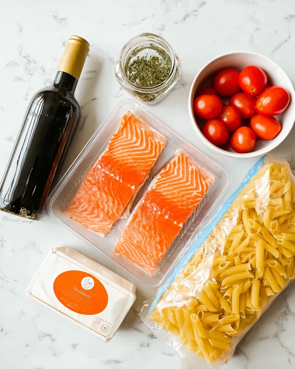 The image shows ingredients for a meal arranged on a white marbled surface, including a transparent tray with two bright orange salmon fillets having distinct white stripes, a white framed packet of creamy sauce with an orange circle label, a tall dark bottle with oil or vinegar, a white bowl filled with shiny red grape tomatoes, a glass jar with green herbs, and a clear bag of uncooked tube-shaped pasta with a yellow tint. All items are neat and spaced out for easy viewing. Photo taken with an iphone --ar 4:5 --v 7