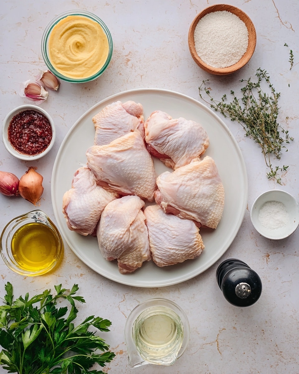 A large white plate holds seven raw chicken pieces with pale pink skin, arranged closely in no particular order. Around the plate on a white marbled surface are several small bowls and ingredients: at the top left, a bowl of thick yellow mustard, below it a small glass dish with a grainy dark red sauce, two garlic cloves near fresh thyme sprigs, a small glass measuring jug filled with light golden liquid, two reddish shallots, a wooden bowl with white salt, a small white bowl with olive oil, a tiny bowl of white flour, a black pepper grinder, a bunch of fresh green parsley, and a glass of white liquid. The scene is evenly lit, showing the natural colors and textures of each item clearly. photo taken with an iphone --ar 4:5 --v 7