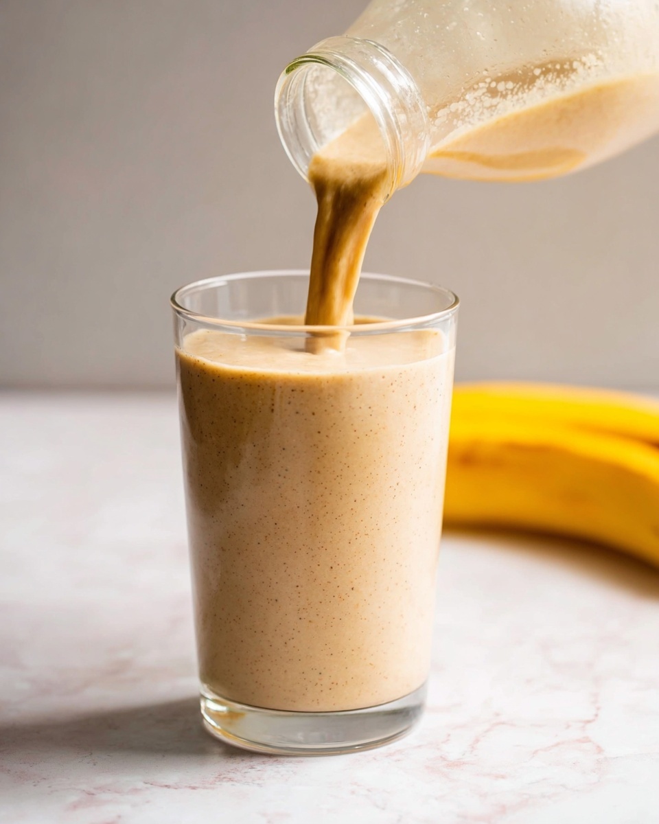 A creamy, light brown smoothie is being poured from a clear glass bottle into a clear glass, filling it almost to the top. The smoothie has a smooth texture with tiny specks visible throughout. A whole yellow banana is blurred in the background on the right side, resting on a white marbled surface. The image has a soft, warm light that enhances the smoothie's inviting color. photo taken with an iphone --ar 4:5 --v 7