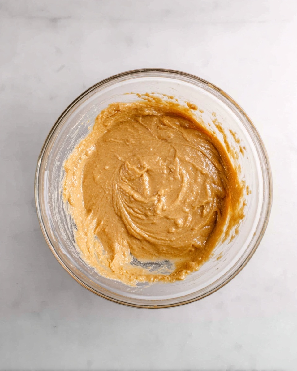 A clear glass bowl is placed on a white marbled surface, filled with a thick, light brown batter showing some small lumps. The batter spreads evenly inside the bowl with visible smooth and creamy texture, slightly shiny on top with some areas scooped and swirled. The bowl is clean around the edges except for some batter residue stuck near the rim. photo taken with an iphone --ar 4:5 --v 7