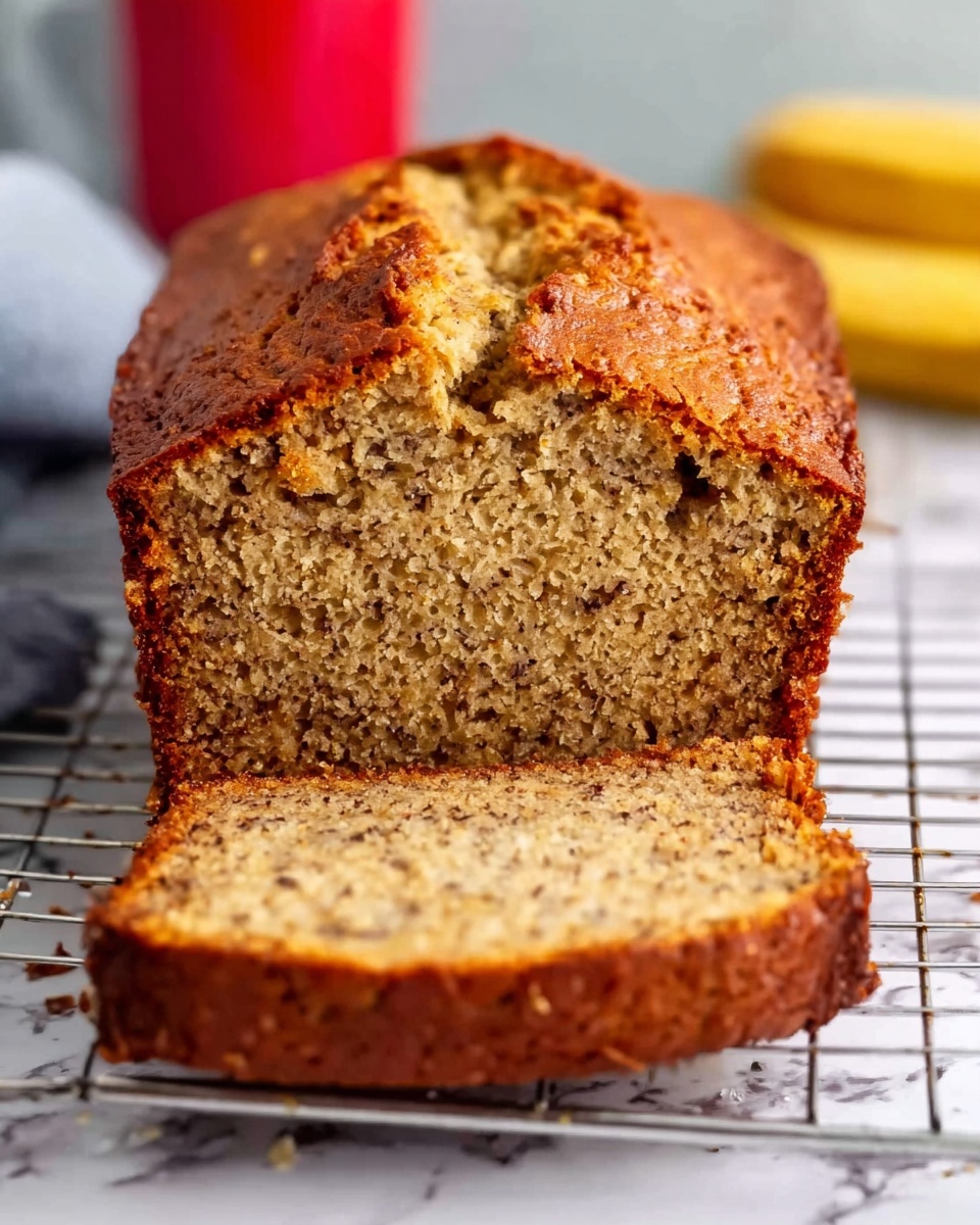 A loaf of banana bread with a golden brown top and a cracked surface sits on a metal cooling rack over a white marbled surface. Two slices are cut from the front, showing a moist, speckled, light brown interior with a soft crumb texture. The loaf has a high, slightly uneven top, indicating a fluffy and tender inside. The background includes blurred hints of a red cup and a yellow banana. photo taken with an iphone --ar 4:5 --v 7