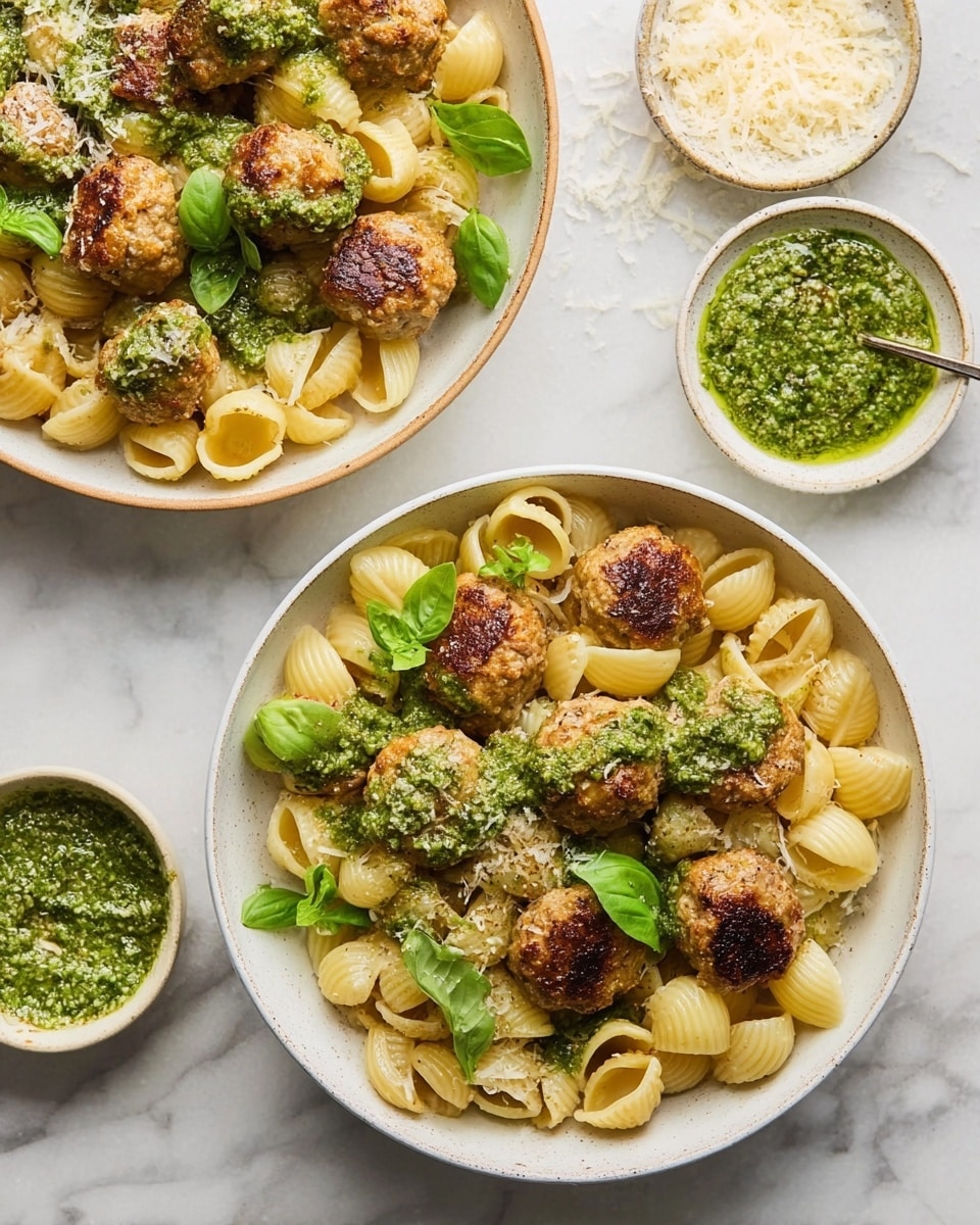 The image shows two white bowls filled with shell pasta as the bottom layer, light yellow in color and slightly shiny. On top of the pasta are golden brown pan-fried meatballs arranged in the center with a slightly crispy outside texture. Bright green basil pesto sauce is drizzled unevenly over the pasta and meatballs. Fresh green basil leaves are scattered on top for garnish. There is grated light yellow cheese sprinkled lightly on the dish, adding a fine texture. Around the bowls, there are small white dishes filled with grated cheese and green pesto sauce, all placed on a white marbled surface. Photo taken with an iphone --ar 4:5 --v 7
