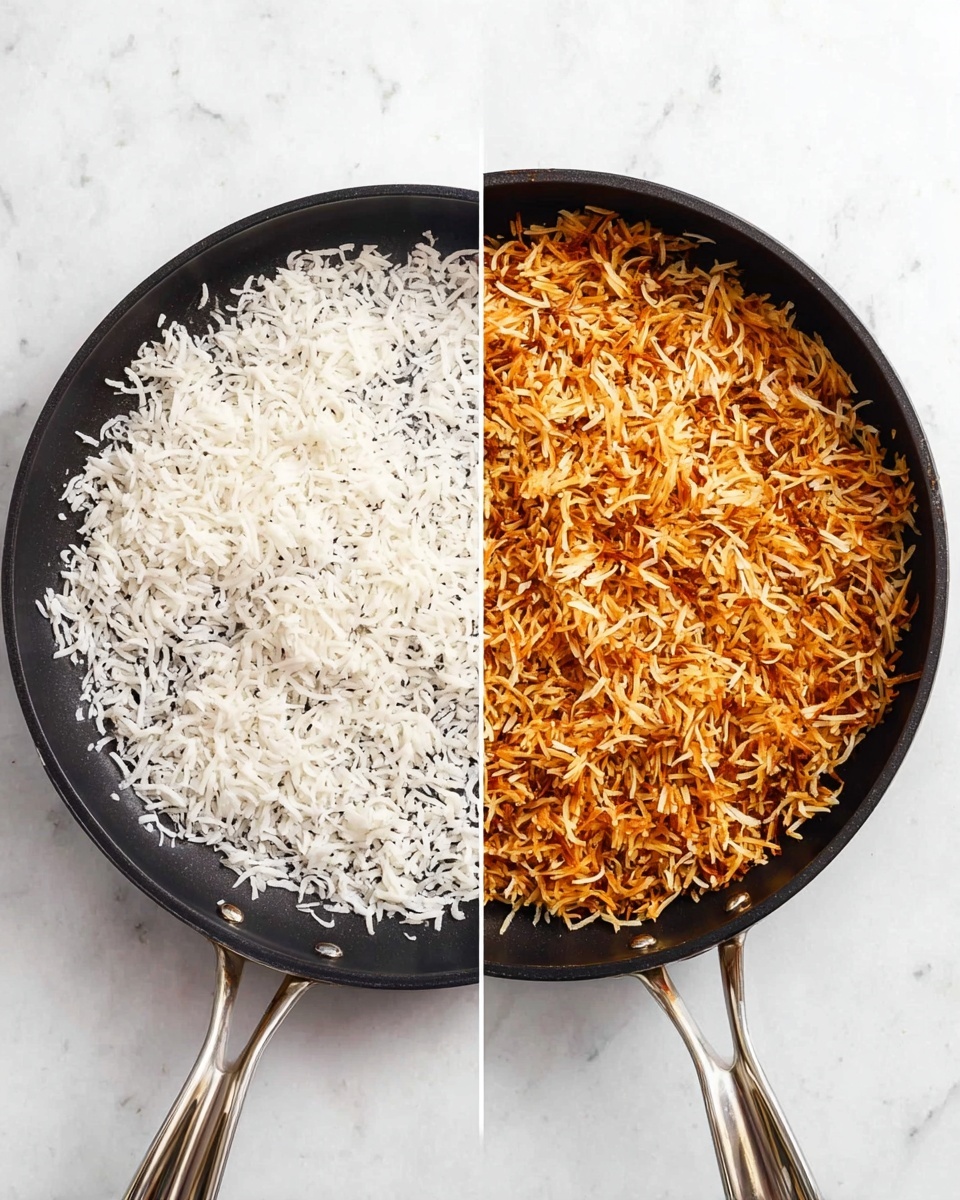 The image shows two side-by-side pans on a white marbled surface. The left pan is filled with white shredded coconut, evenly spread out with a soft texture. The right pan holds toasted coconut, shredded as well, with a rich golden-brown color and slight crispiness. Both pans are black with silver handles, and the contrast between the fresh white coconut and the browned toasted coconut is clear. photo taken with an iphone --ar 4:5 --v 7