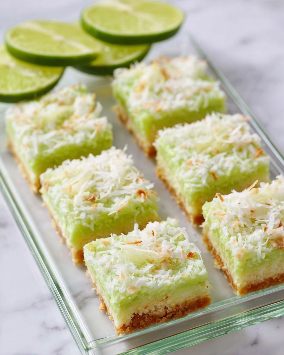 The image shows eight square pieces of dessert arranged in two neat rows on a clear glass tray. Each piece has two visible layers: the bottom layer is a light golden brown crust, and the top layer is a light green, slightly textured layer covered with white and lightly toasted coconut flakes. There are four slices of fresh lime placed at the top left and bottom right corners of the tray. The tray is set on a white marbled surface. Photo taken with an iphone --ar 4:5 --v 7