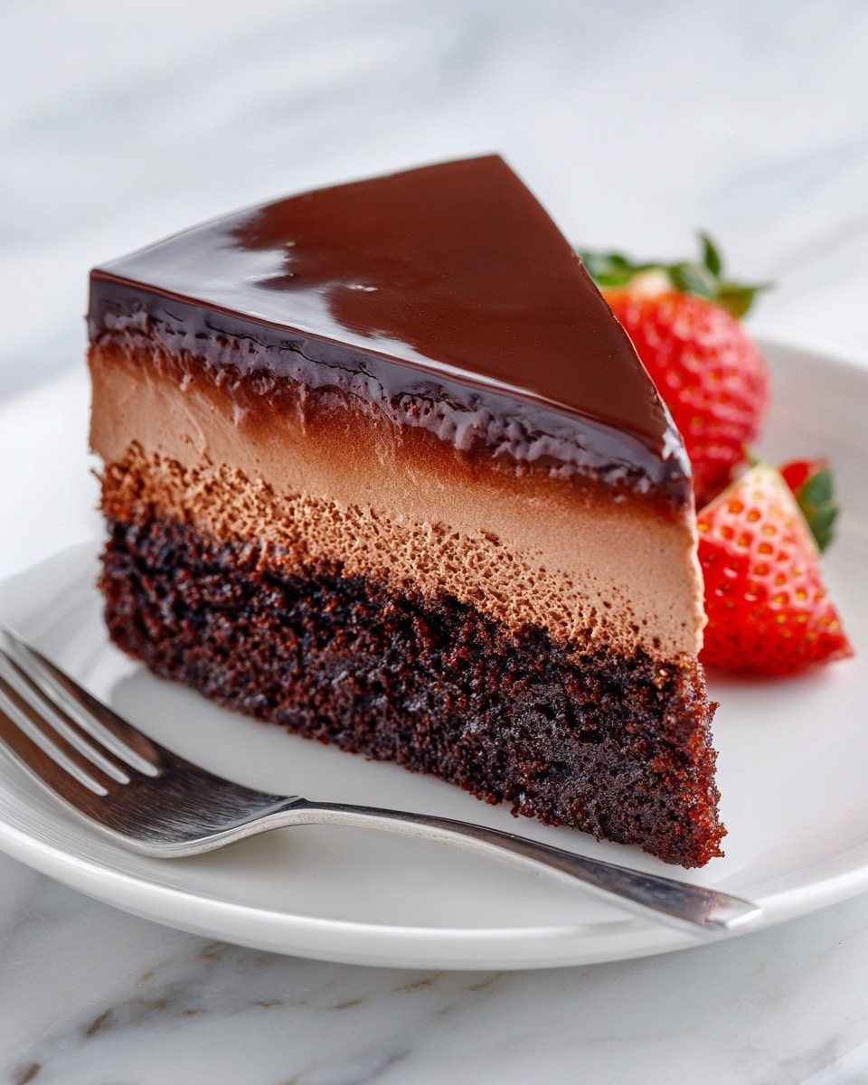 A slice of rich chocolate cake with two main layers sits on a white plate with a smooth texture. The bottom layer is a dark, dense chocolate base with a moist texture, while the top layer is a lighter, creamy chocolate mousse with a fluffy, airy look. The slice is covered with a shiny chocolate glaze on top and the sides, creating a glossy finish. A silver fork rests on the plate, near the bottom edge of the cake slice. Next to the cake is a bright red strawberry cut in half, showing its juicy inside. The plate is set on a white marbled surface. Photo taken with an iphone --ar 4:5 --v 7