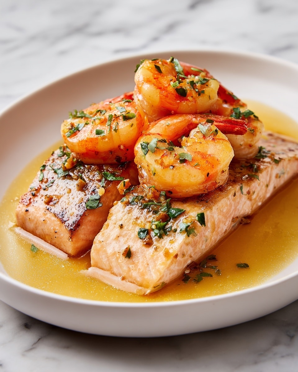 A white plate holds two main layers: the bottom layer is a piece of cooked pink salmon with a slightly charred surface that looks moist and tender. On top are three large cooked shrimp with a bright orange color and a slightly crispy texture, garnished with small bits of green herbs. There is a golden sauce pooling around the fish and shrimp, adding a shiny, smooth finish. The background is a white marbled texture. Photo taken with an iphone --ar 4:5 --v 7