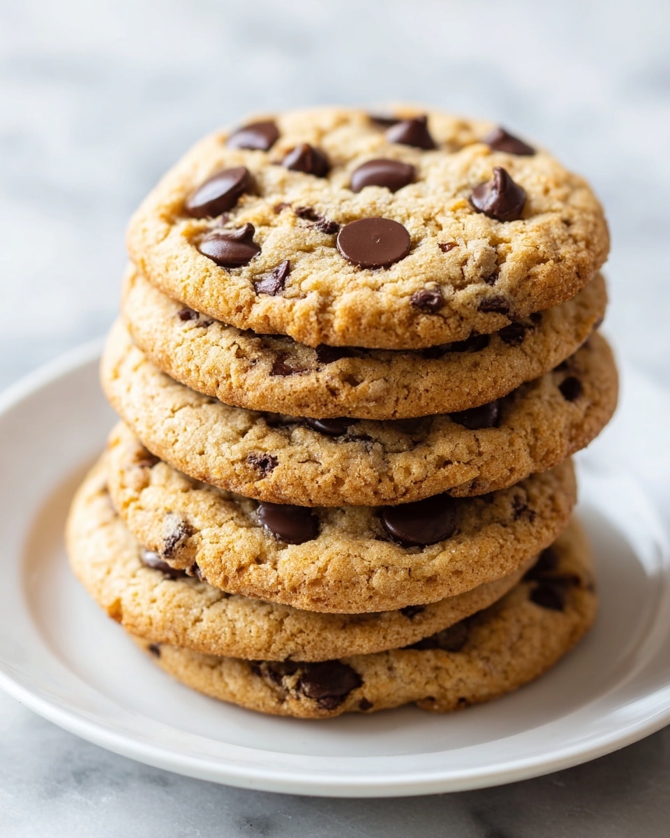 A stack of five round chocolate chip cookies is placed slightly overlapping on a white plate. Each cookie is golden brown with a soft, slightly crinkled texture and is studded with several glossy, dark brown chocolate chips evenly spread across the surface. The edges of the cookies are gently rounded and slightly darker than the centers, giving a fresh-baked look. The plate sits on a white marbled surface. Photo taken with an iphone --ar 4:5 --v 7