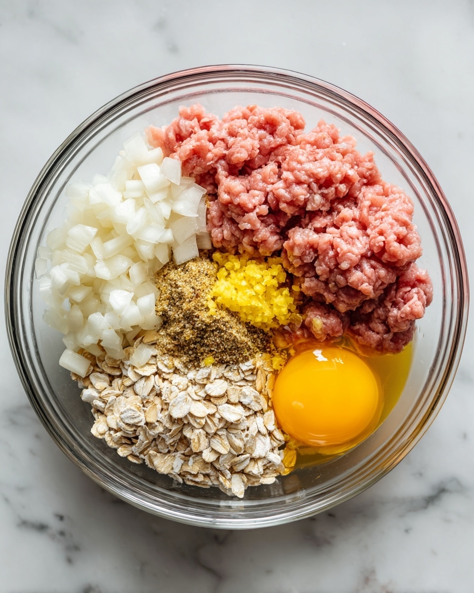 In a clear glass bowl, there are six different layers of ingredients arranged side by side. Starting from the top right, there is a pink layer of raw ground meat with a soft, textured look. Next to it, on the left, is a white layer made of small diced onions. Below the onions is a light beige layer of oats, with a rough, flaky texture. In the center of the bowl is a small pile of golden-brown spices, and on top of the spices, there are small dollops of bright yellow minced garlic. To the right of the spices and oats is a shiny, bright yellow egg yolk with clear egg white spreading slightly around it. The bowl sits on a white marbled surface. photo taken with an iphone --ar 4:5 --v 7