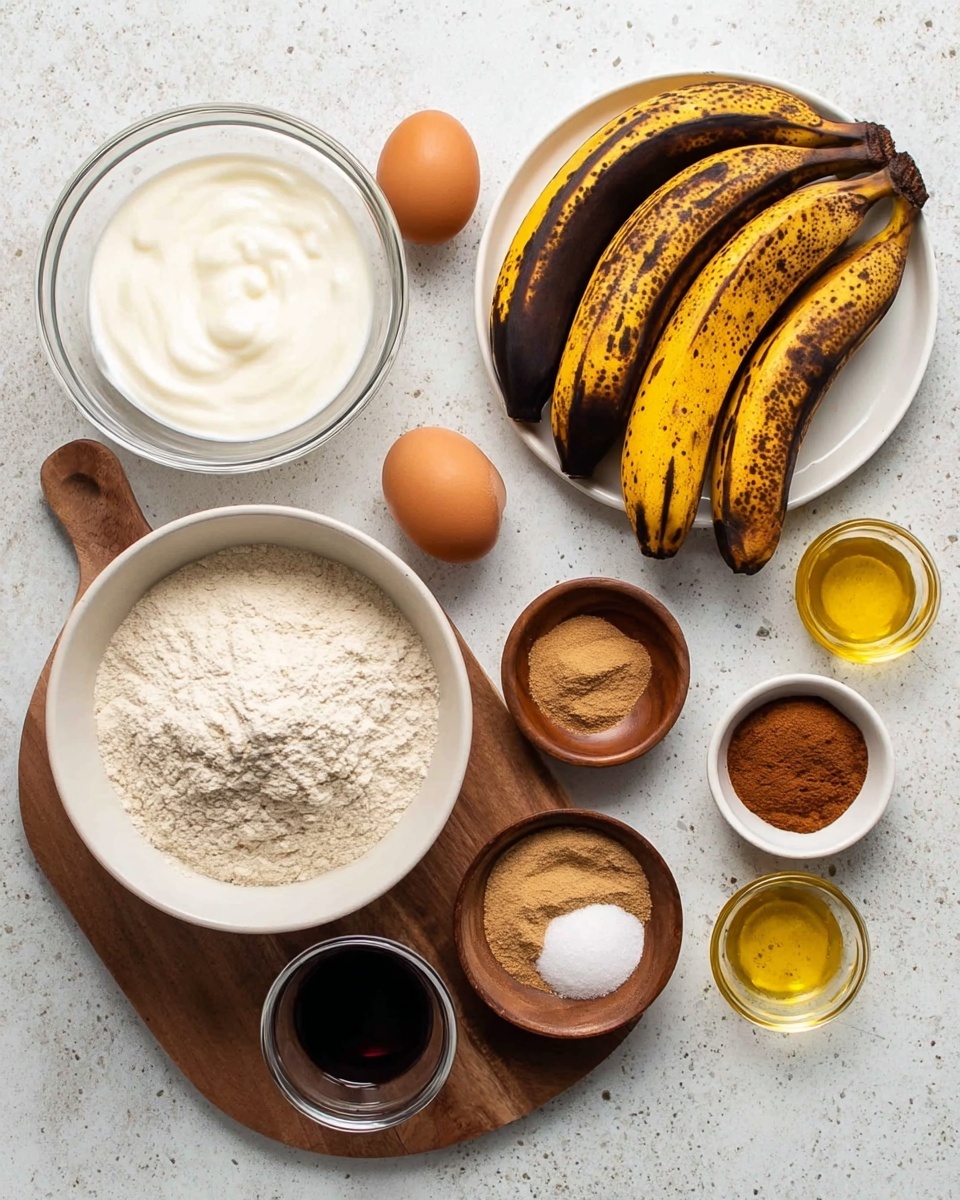 A top-down view of various baking ingredients on a white marbled surface, arranged neatly. On the right, a white plate holds four overripe bananas with mostly black skin and yellow patches. Below the bananas, three small wooden bowls contain granulated brown sugar, cinnamon, and white sugar. To the left, a large white bowl filled with flour sits near two brown eggs resting on a round wooden board, alongside a small bowl of dark vanilla extract. Above the eggs is a glass bowl filled with white yogurt. Between the yogurt and the bowls of sugar, there are small glass containers of maple syrup and golden oil. The setup is clean and well-arranged, showing all ingredients clearly. photo taken with an iphone --ar 4:5 --v 7